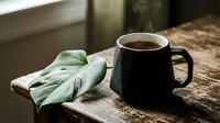 Steaming black coffee mug on rustic wooden table with tropical monstera leaf creating cozy morning atmosphere for cafe branding and lifestyle content.