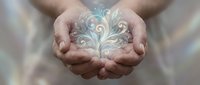 Cupped hands holding glowing ornate floral design with swirls and decorative elements floating above palms in protective gesture for wellness concepts.