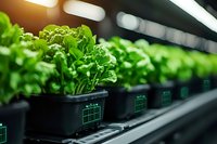 Fresh green lettuce growing in modern hydroponic farm system with LED lights. Sustainable agriculture and indoor vertical farming technology for food production.