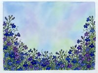 Watercolor wildflower border with blue and purple blooms on a soft pastel sky background, leaving copy space for text or greeting card design.