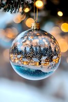 Glass Christmas ornament with winter village scene inside, glowing houses among snowy pine trees, captured with soft bokeh lights in background creating magical holiday atmosphere.