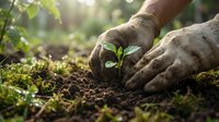Hands in work gloves carefully protecting young green seedling plant growing in rich soil with moss, symbolizing environmental care and sustainable gardening.
