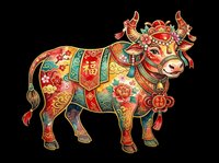 Festive Chinese zodiac ox decorated with traditional patterns, flowers, and lucky symbols, isolated on transparent background, for stickers, t-shirts, print on demand.