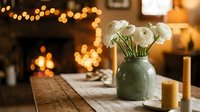 White ranunculus flowers in green ceramic vase on wooden table with warm bokeh lights creating cozy home interior atmosphere for spring decor.