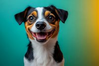 Happy Jack Russell Terrier mix dog with tricolor coat smiling at camera against vibrant turquoise and yellow gradient background, showing friendly expression.