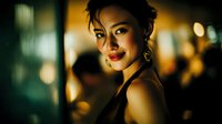 Young Asian woman with elegant makeup and earrings smiling warmly in golden evening light with bokeh background for lifestyle and beauty concepts.
