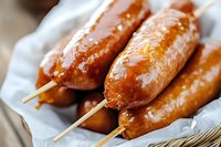 Grilled sausages on wooden skewers with glossy caramelized surface, ready to serve at barbecue party or street food festival for delicious outdoor dining experience.