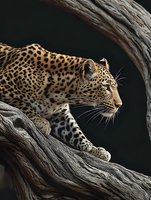 Majestic leopard resting on twisted tree branch against dark background, showcasing spotted coat pattern and intense gaze in natural wildlife habitat.