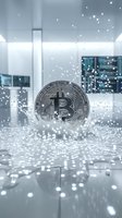 Bitcoin cryptocurrency coin with digital particles explosion in modern office interior for fintech and blockchain technology concepts.