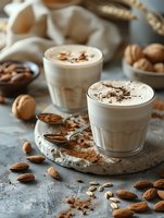 Creamy almond milk latte topped with cocoa powder in glass cups, served with scattered nuts and seeds on rustic concrete surface. Cozy drink setup.