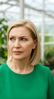 Middle-aged woman with blonde hair wearing green top, standing in greenhouse with blurred plants and windows in background, suitable for business and lifestyle content.