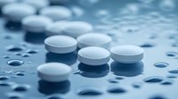 White round pills or tablets scattered on wet surface with water drops in blue monochromatic tone, macro pharmaceutical photography for medical concepts.