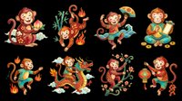 Cute monkey characters in playful poses with colorful details, isolated on transparent background. Ready for t-shirt designs, clipart, stickers, sublimation, print-on-demand products and children's crafts.