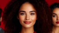 Young mixed-race woman with curly afro hair and natural makeup smiling confidently against vibrant red background for beauty and lifestyle campaigns.