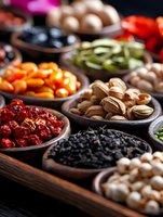 Wooden bowls filled with colorful dried fruits, nuts, and spices arranged on dark background. Close-up view of diverse natural ingredients for cooking and snacking.