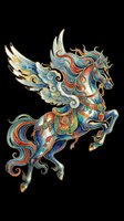 Ornate winged horse with colorful watercolor details and gold accents, isolated on transparent background. Great for stickers, t-shirt design, and print on demand.