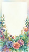 Watercolor floral border frame with colorful roses, peonies, and botanical leaves on white background. Isolated design element suitable for invitations, greeting cards, and stationery templates.