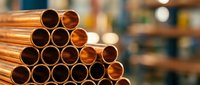 Stack of shiny copper pipes in industrial warehouse setting for plumbing and construction projects with blurred background storage facility.