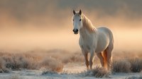Majestic white horse walking through misty meadow at dawn, golden light illuminating frost-covered grass creating ethereal atmosphere for nature and wildlife photography.