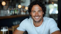 Cheerful Hispanic man with curly dark hair wearing white t-shirt smiling at bar counter with beer glass, expressing genuine happiness and confidence in casual setting.