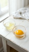 Fresh raw eggs separated in glass bowls on rustic white wooden table for baking and cooking preparation in bright kitchen setting.