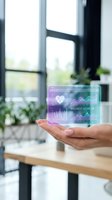 Hand holding holographic wellness score display with heart icon and health data analytics in modern office environment with window and plants.