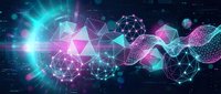 Abstract digital network with glowing geometric shapes and connected nodes on dark blue background for technology and data visualization concepts.