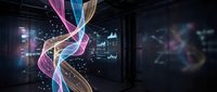 Colorful flowing ribbons with light effects in modern digital space for technology presentations and futuristic design projects.