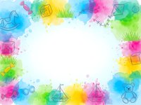 Colorful watercolor frame with children toys and geometric shapes on white background for kids design projects and educational materials.