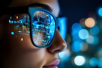 Young professional woman wearing glasses with digital city skyline reflection, futuristic technology concept for business and innovation applications.