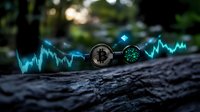 Glowing cryptocurrency symbols with blue trading chart line floating over dark textured surface in moody lighting, digital finance concept for trading and investment.