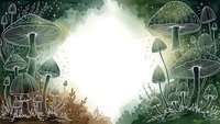 Mystical forest mushroom frame with hand-drawn botanical illustrations in earthy green tones, creating enchanted woodland border for natural design projects.