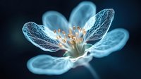 Ethereal glowing blue flower with delicate translucent petals and golden stamens on dark background, macro photography style artistic nature composition.