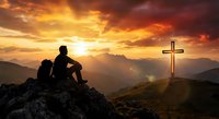 Man sitting on mountain peak contemplating wooden cross during golden sunset with dramatic clouds over layered mountain ranges creating spiritual moment.