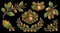 Autumn oak acorn clipart set with decorative ornamental elements, green leaves, isolated on transparent background, ready for t-shirt design, stickers, and print on demand.