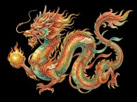 Colorful Asian dragon holding a flaming orb, isolated on transparent background, ready for t-shirt design, stickers, clipart, and print on demand use.