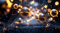 Glowing golden disco balls with sparkles and bokeh lights against dark background create magical festive atmosphere for celebration and party design.
