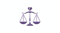 Purple scales of justice with heart symbol on top, isolated on white background for legal, law firm, and attorney branding designs.
