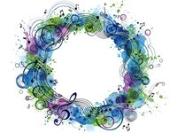 Colorful musical wreath with treble clefs, notes and swirls in watercolor style. Circular frame with music symbols in blue, green and purple tones.