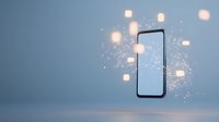 Floating smartphone with glowing light particles and magical sparkles on soft blue background, modern minimal tech concept for mobile applications.