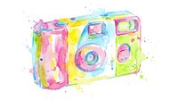 Colorful watercolor vintage camera with pink, yellow, blue and green splashes, isolated on white background for design projects and creative artwork.