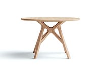 Modern round dining table with organic sculptural base in light wood, featuring elegant curved supports and minimalist design on white background.