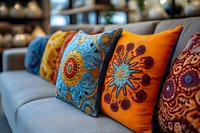 Colorful decorative throw pillows with intricate embroidered patterns arranged on modern gray sofa in contemporary living room interior design setting.
