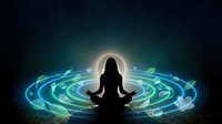 Woman silhouette meditating in lotus position surrounded by glowing energy circles and cosmic light for spiritual wellness and mindfulness concepts.