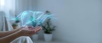 Hands cupping glowing blue energy waves in modern interior space. Digital wellness concept for meditation apps, healing services, spiritual content.