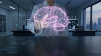 Businessman holding glowing pink brain hologram with neural networks in modern office, artificial intelligence and machine learning concept.