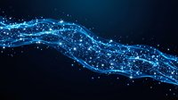 Abstract blue digital network wave with glowing particles and connections on dark background for technology and data visualization concepts.