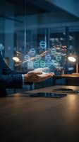 Businessman hand presenting holographic digital network with glowing data points and connections in modern office environment for technology presentations.