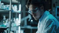 Young male scientist in protective eyewear and lab coat examining samples in modern research laboratory with glowing blue equipment and glass containers in background.