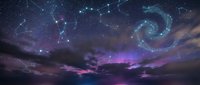 Cosmic night sky with swirling galaxy and constellation patterns above dramatic purple clouds creating mystical celestial atmosphere for astronomy designs.